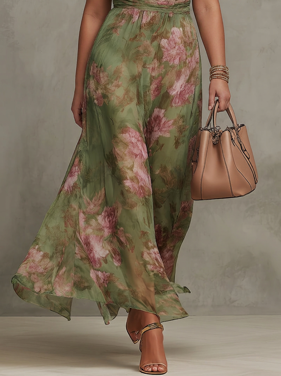 Green Floral Chiffon Halter Maxi Dress
