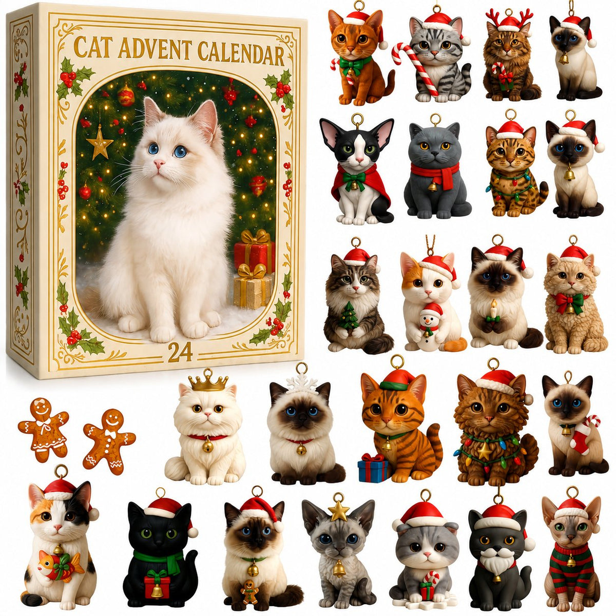 Cat Advent Calendar with 24 Charm Ornaments
