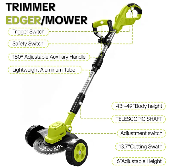 21V 3-in-1 Cordless Grass Trimmer with 2 Batteries