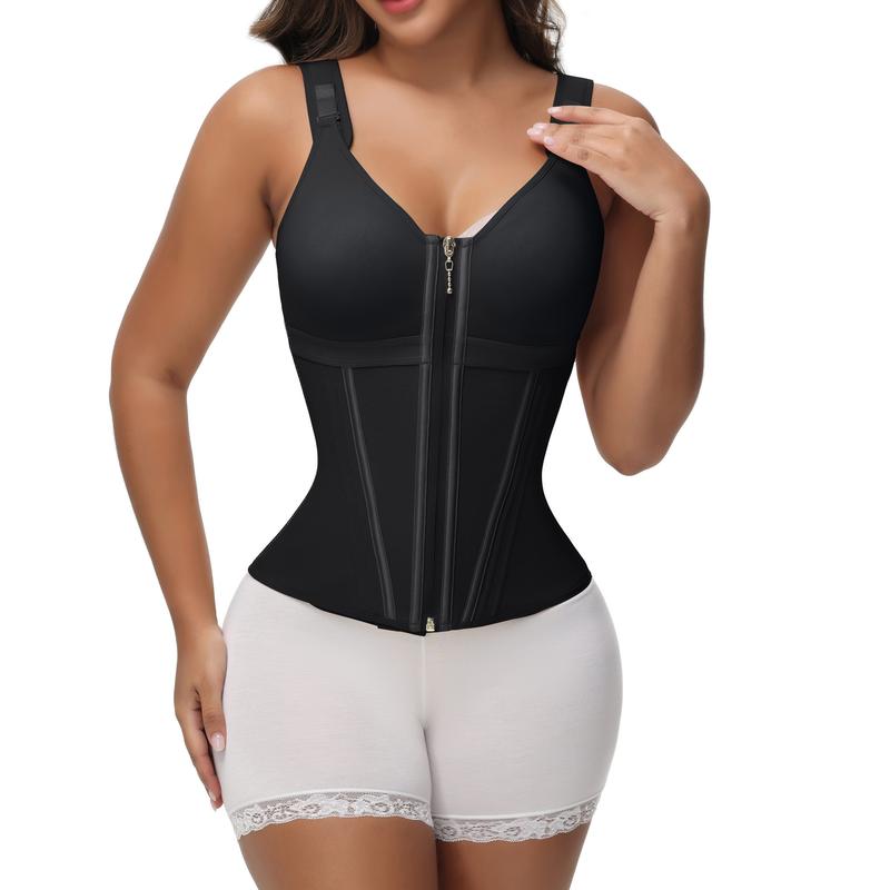 Women's Shapewear Vest with Built-In Underwire Bra – 17 Steel Bones, Zipper and Adjustable Straps