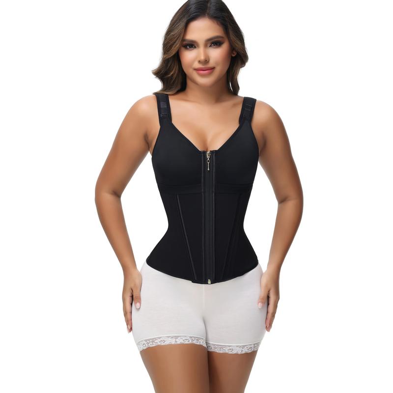 Women's Shapewear Vest with Built-In Underwire Bra – 17 Steel Bones, Zipper and Adjustable Straps