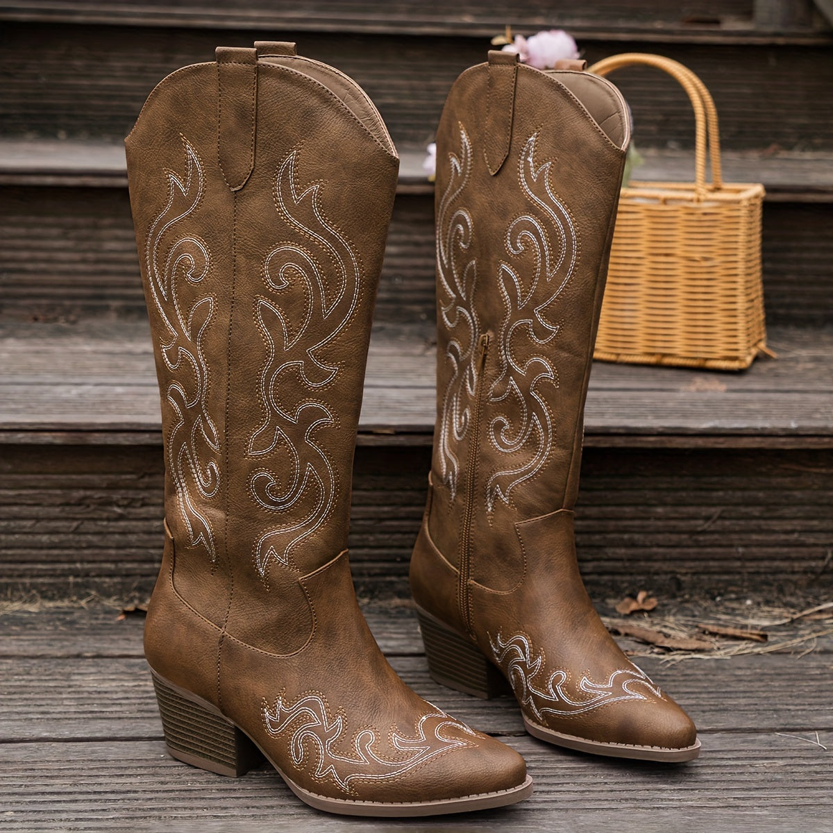 Women's Knee-High Block Heel Cowboy Boots