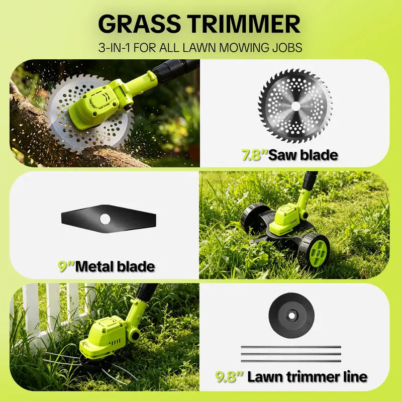 21V 3-in-1 Cordless Grass Trimmer with 2 Batteries