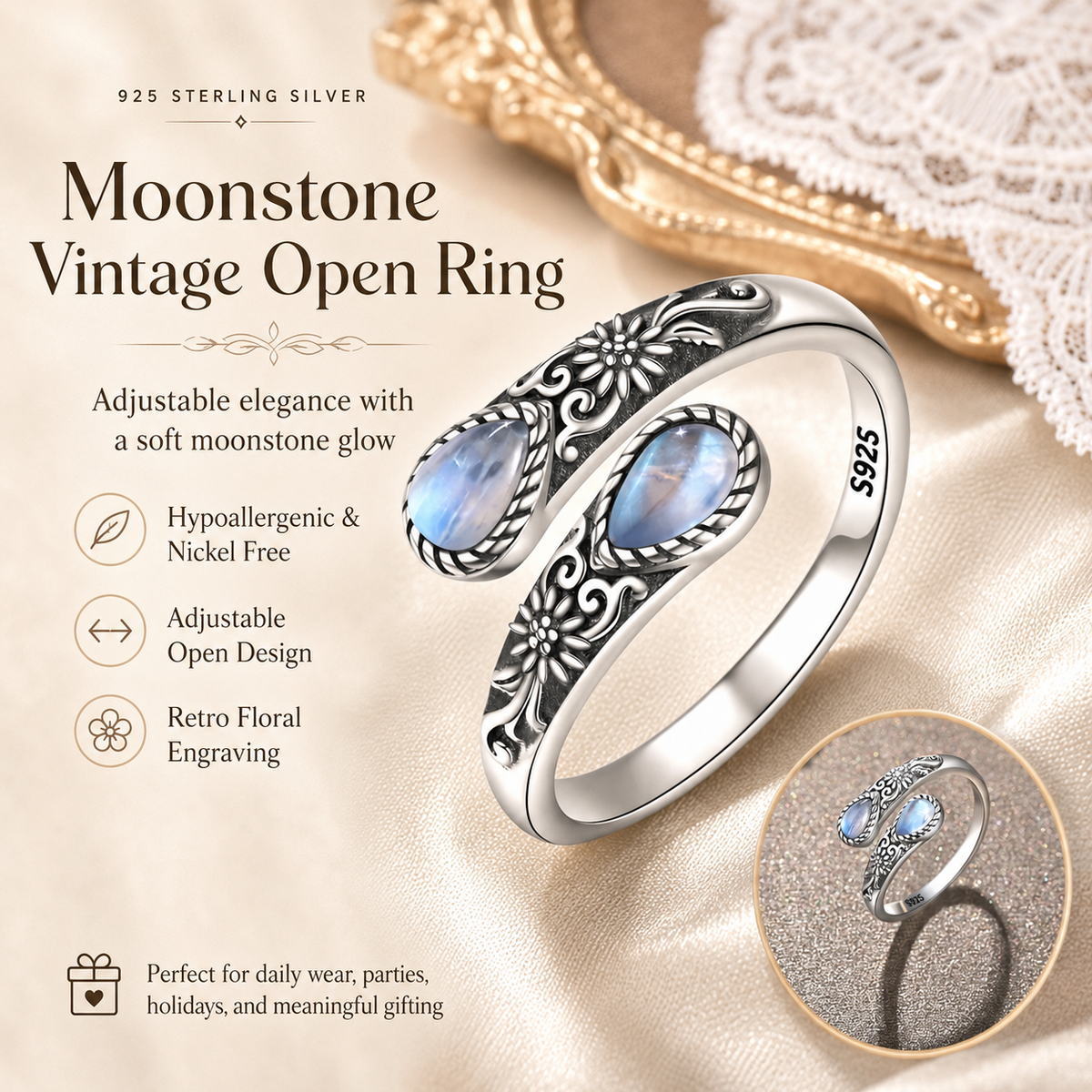 Moonstone Bloom Adjustable Ring