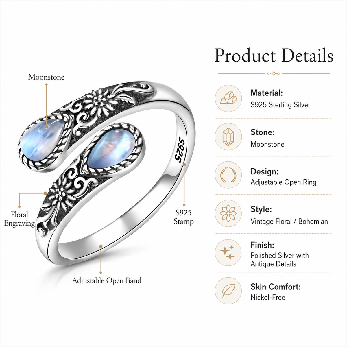 Moonstone Bloom Adjustable Ring
