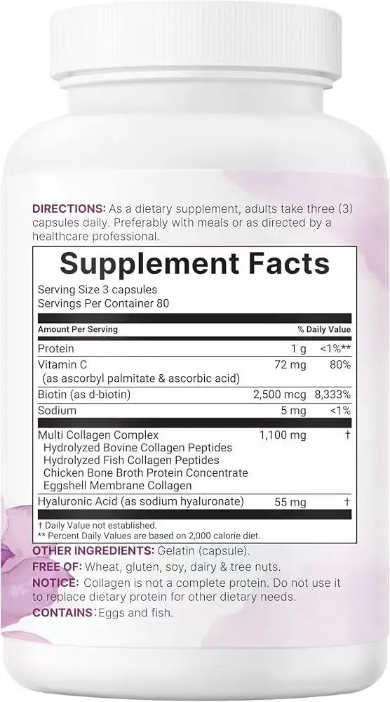 Multi Collagen Peptides 240 Capsules – Type I, II, III, V and X with Biotin, Hyaluronic Acid and Vitamin C