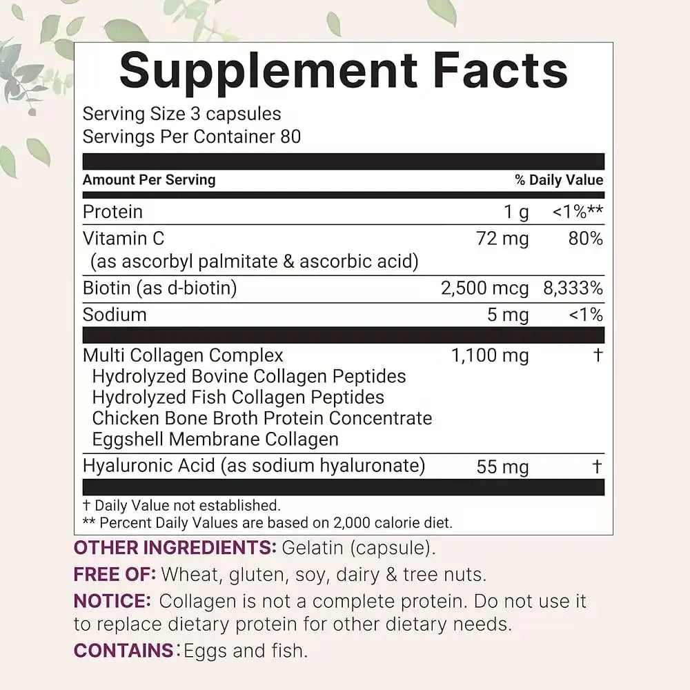 Multi Collagen Peptides 240 Capsules – Type I, II, III, V and X with Biotin, Hyaluronic Acid and Vitamin C