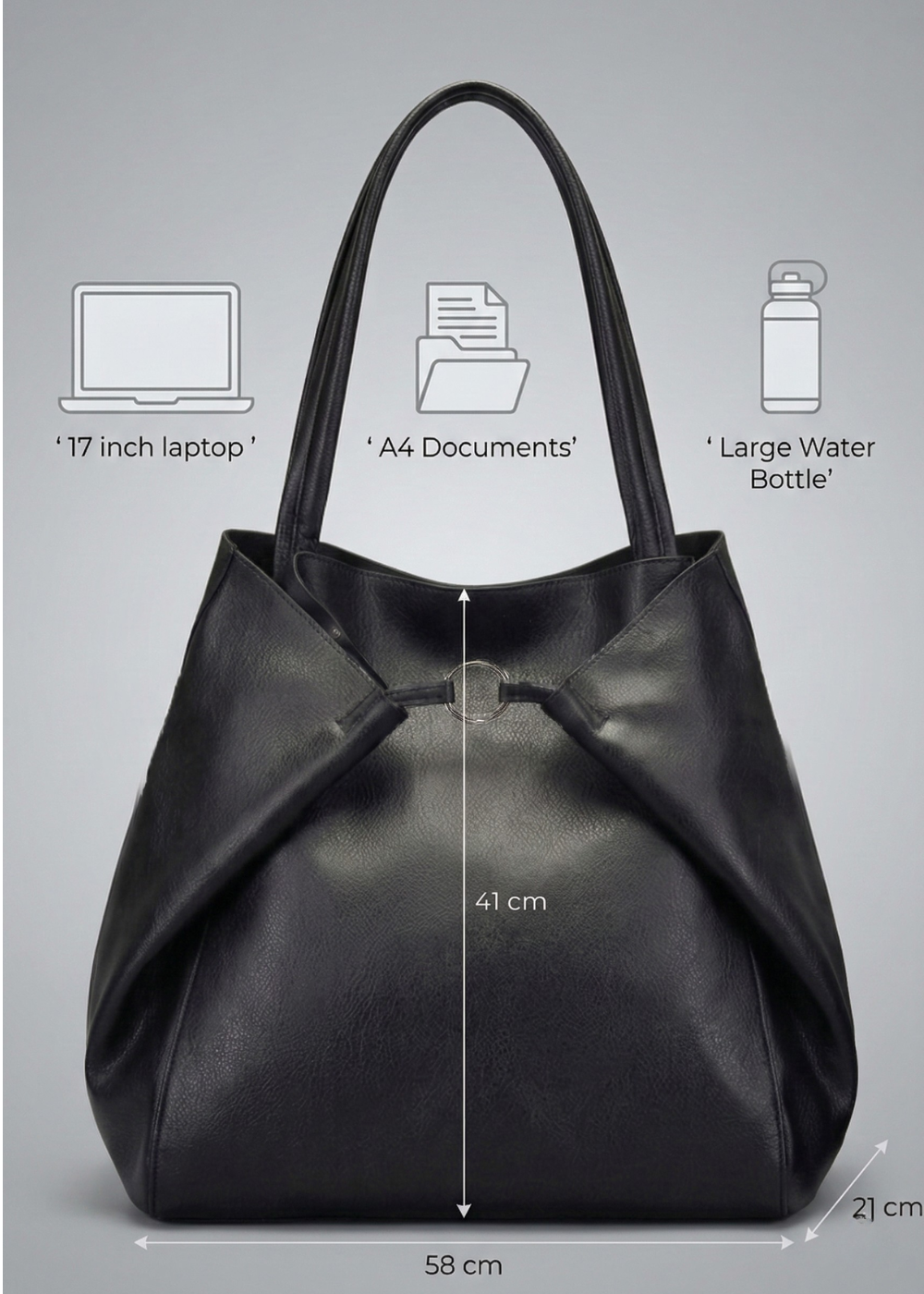 Black Leather Work Tote Bag | Ring-Fold Clasp Closure Sevilla