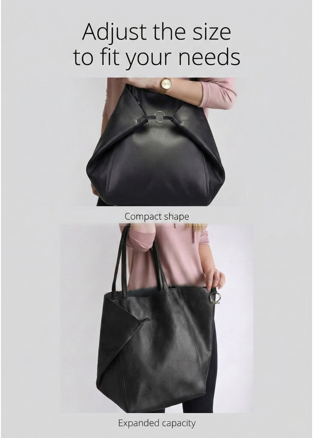Black Leather Work Tote Bag | Ring-Fold Clasp Closure Sevilla