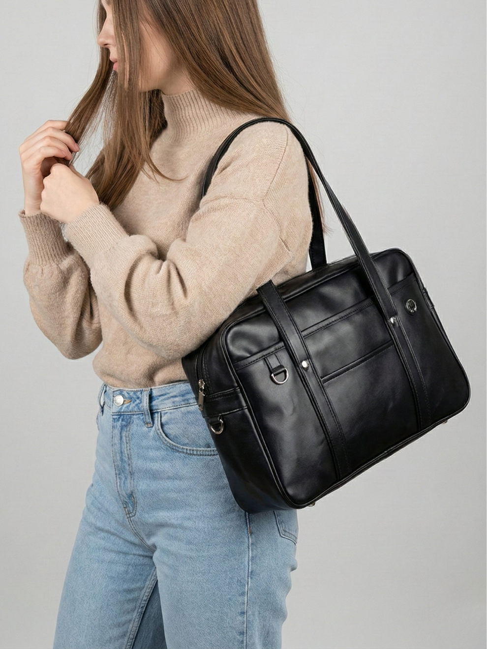 Black handbag for school in smooth vegan leather | Orvieto