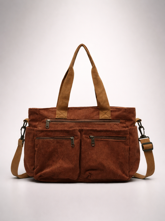 Brown Corduroy Multi-Pocket University Tote Bag – 36×28×14 cm | PERUGIA