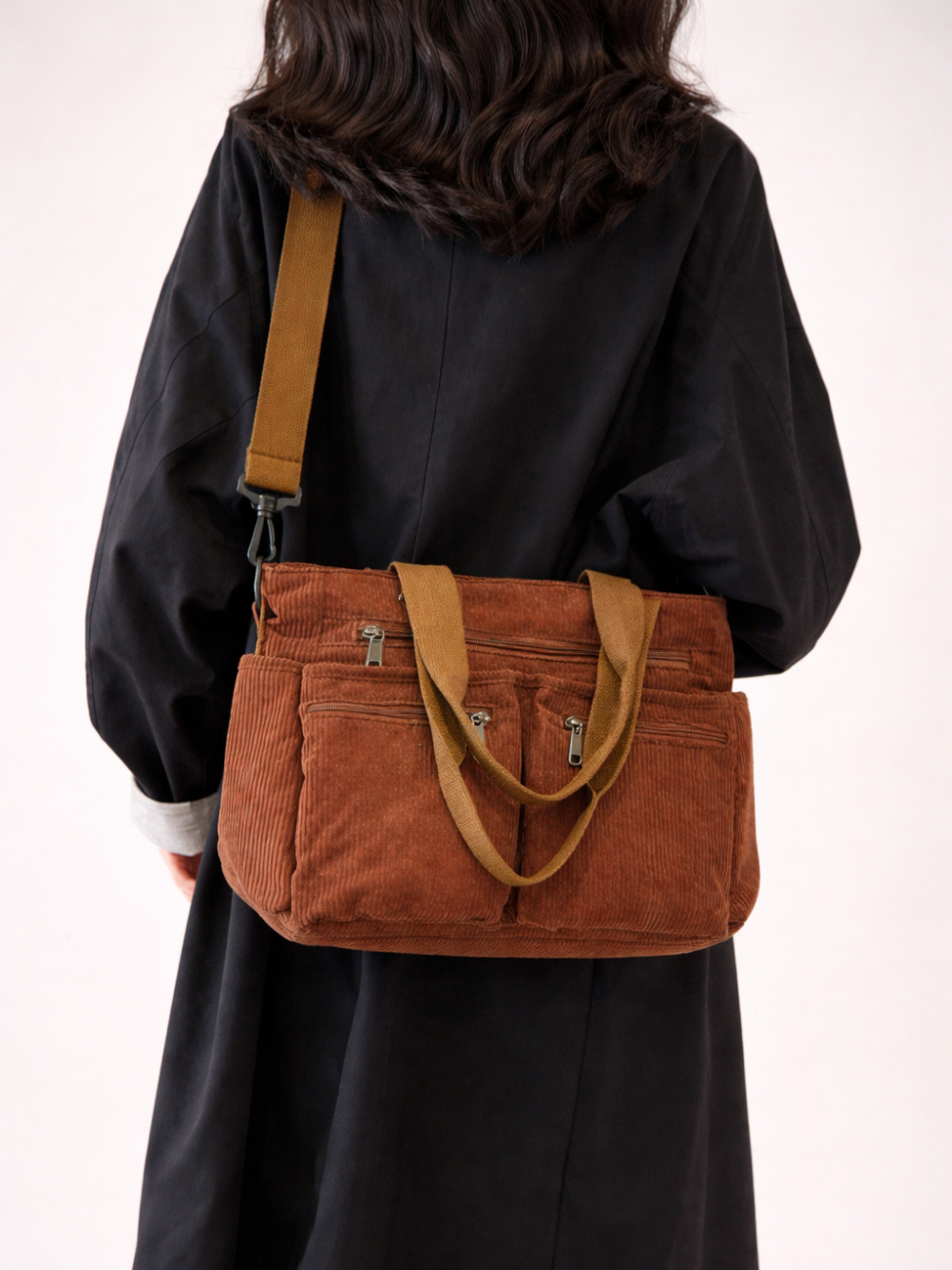 Brown Corduroy Multi-Pocket University Tote Bag – 36×28×14 cm | PERUGIA