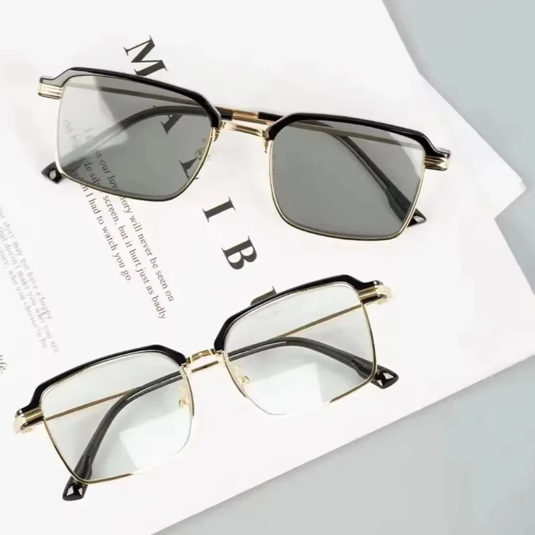 Unisex Anti Blue Light Reading Glasses with Color Changing Photochromic Lenses - Metal Frame Square Eyeglasses for Diamond Face Shapes - Gray