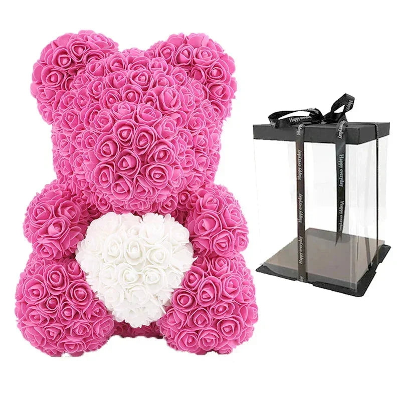 Rose Bear Artificial Flower Teddy Bear - Handmade PE Foam Everlasting Roses Gift for Women - Romantic Anniversary and Valentines Decor - 40cm Red