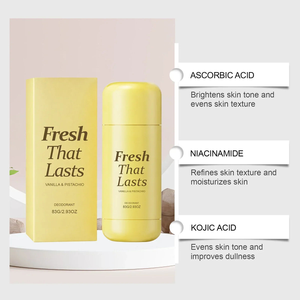 Deodorant Vanilla & Pistachio Fresh That Lasts | 24 Hour Odor Control, No Aluminum, Baking Soda, Parabens, Phthalates, Ethanol | Brightening & Smoothing for Dark Underarms with Kojic Acid & Turmeric | Korean Skincare, K-Beauty