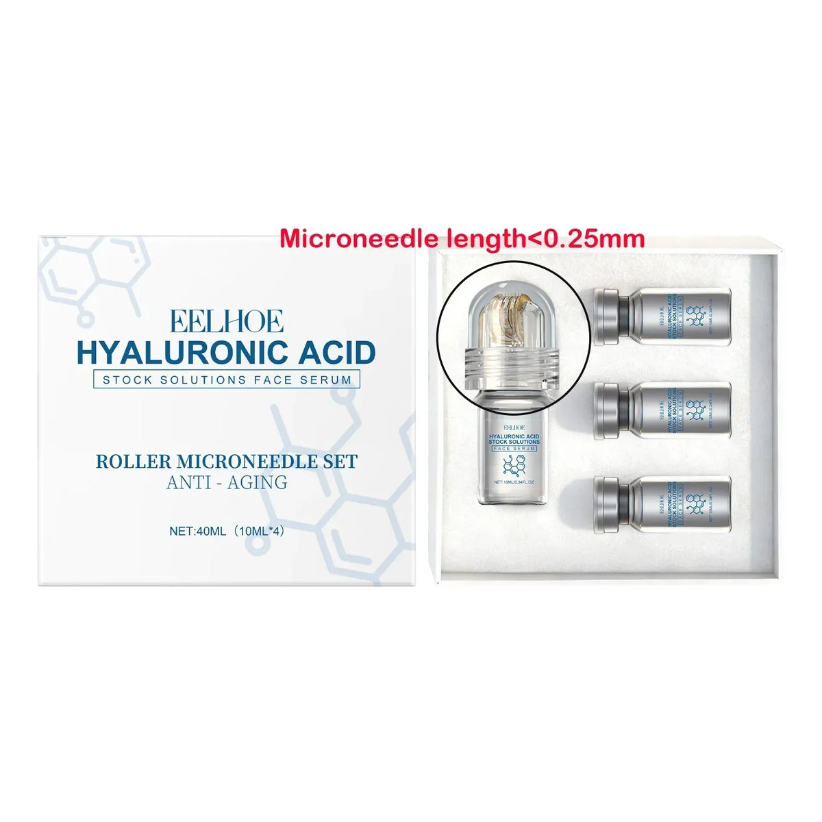 Hyaluronic Acid Face Serum Set with Roller Applicator – 4 x 10ml Moisturizing Serum