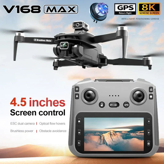 V168 MAX GPS Folding Drone with 8K Camera - Professional Brushless Aerial FPV Quadcopter with Obstacle Avoidance and Large Screen Remote
