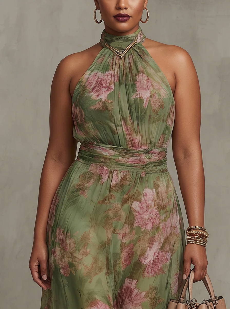 Green Floral Chiffon Halter Maxi Dress