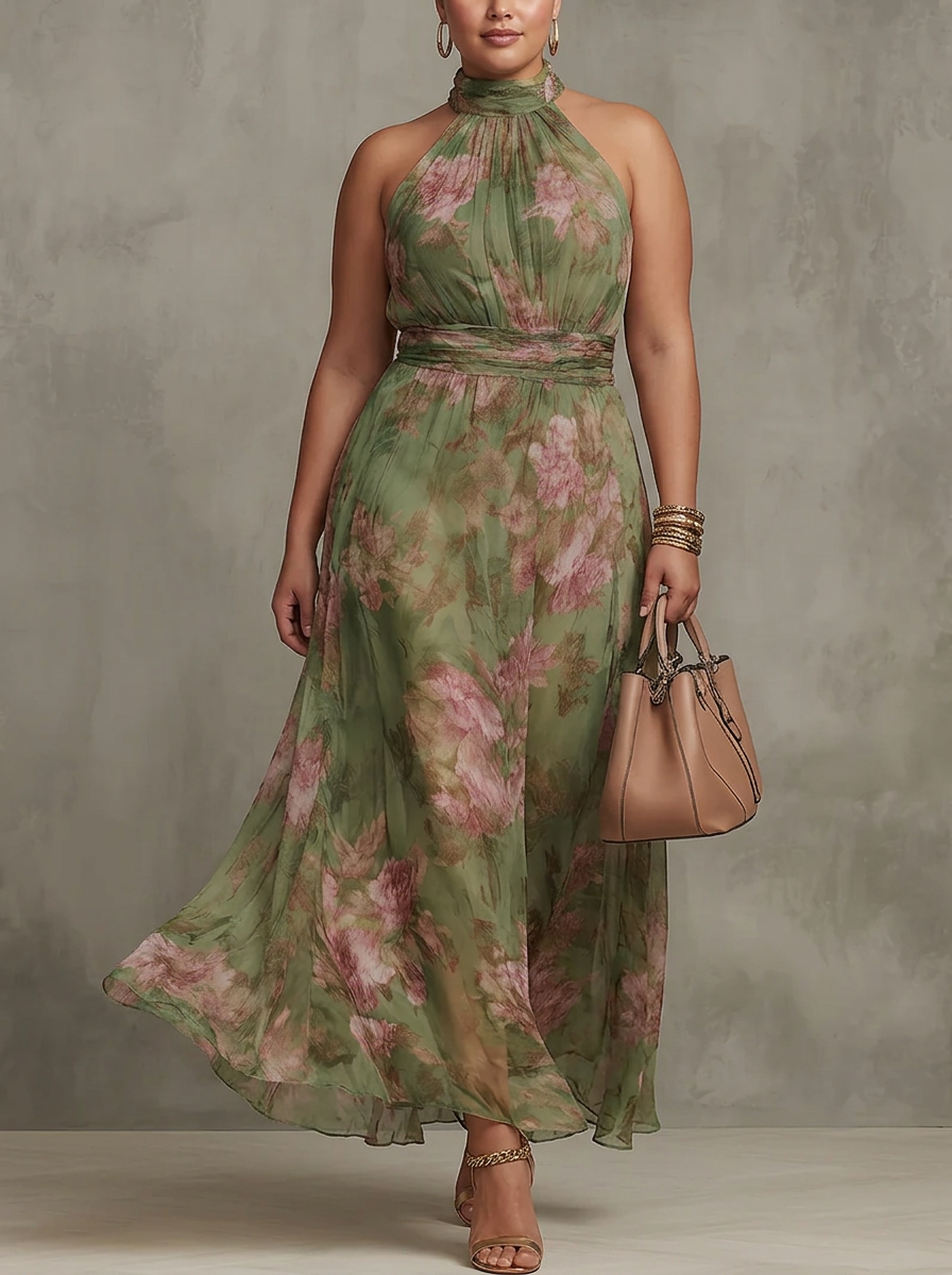 Green Floral Chiffon Halter Maxi Dress