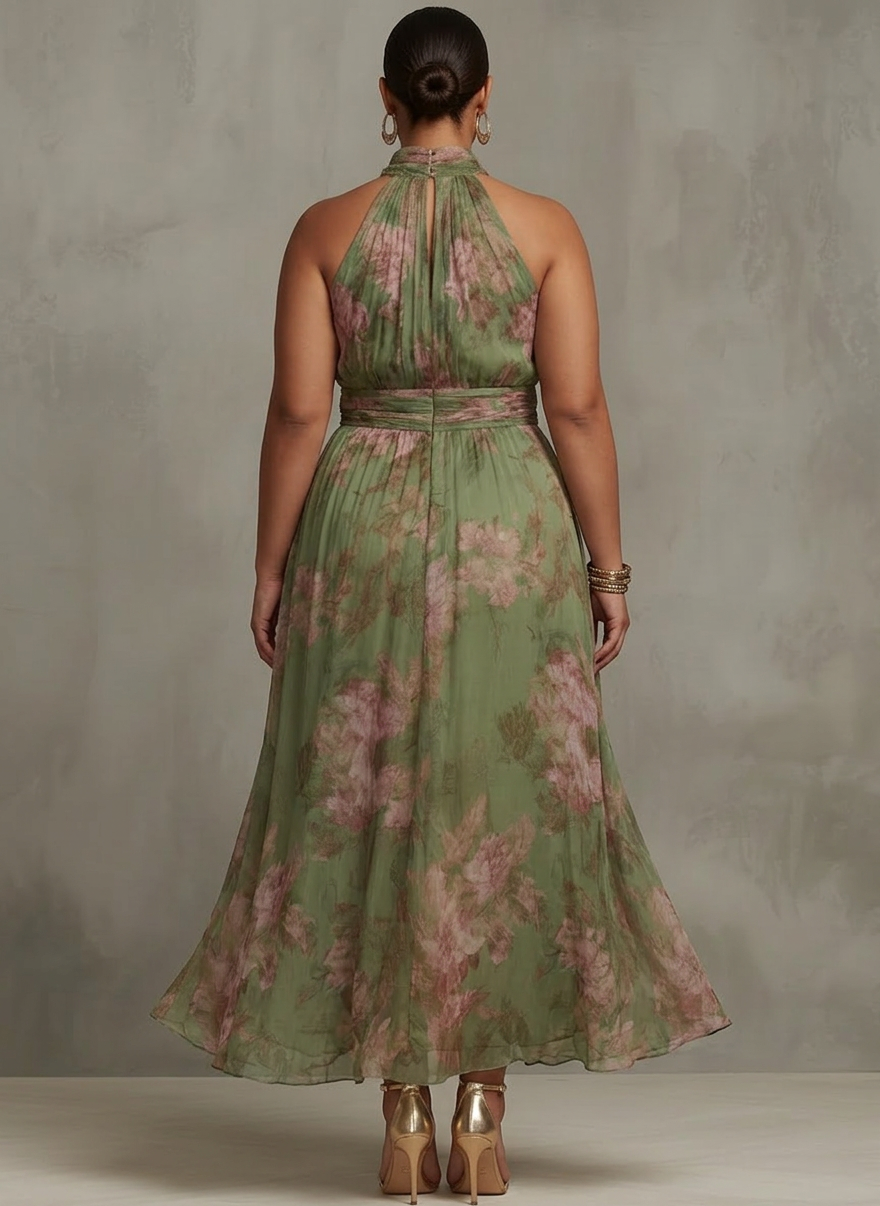 Green Floral Chiffon Halter Maxi Dress