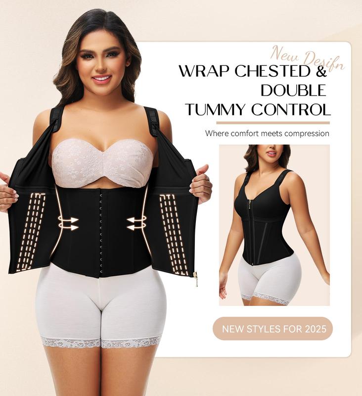 Women's Shapewear Vest with Built-In Underwire Bra – 17 Steel Bones, Zipper and Adjustable Straps