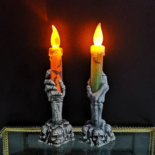 Halloween Flameless LED Taper Candle with Battery Operated Skeleton Hand Holder for Party Decoration