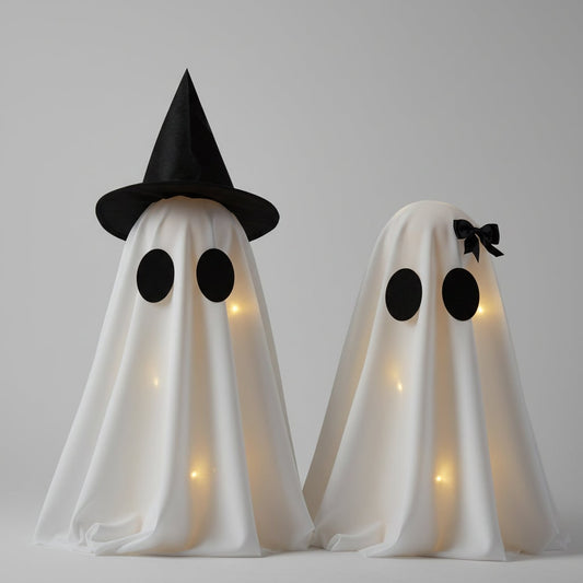Halloween Ghost Decorations with Warm White LED Lights Set of Two Up for Tabletop Party Decor