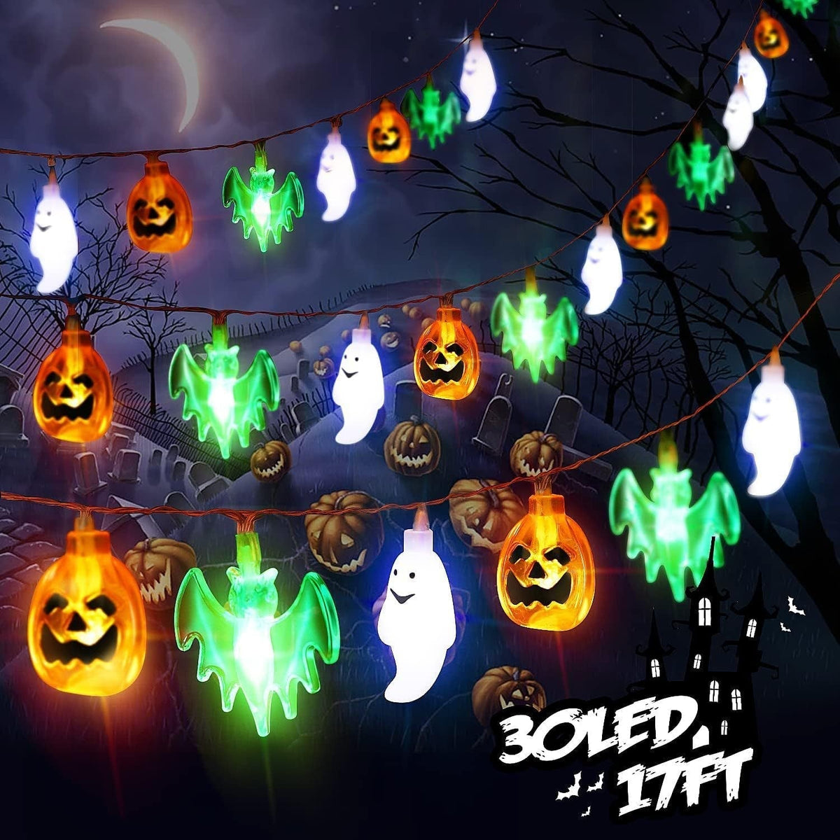 Halloween Outdoor String Lights with LED and Bat Figures Battery Operated for Patio Party Decoration