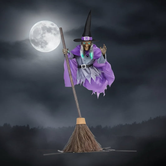 Halloween Witch Decor Large Outdoor Prop with Glowing Eyes and Broomstick for Scary Yard Decoration