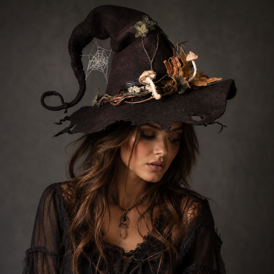 Halloween Witch Hat with Decorated Forest Elements and Whimsical Curled Tip Witches