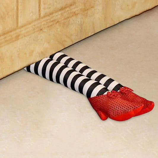 Halloween Witch Legs Decoration Door Stopper with Striped Plush and Red Sequin Shoes for Party Decor