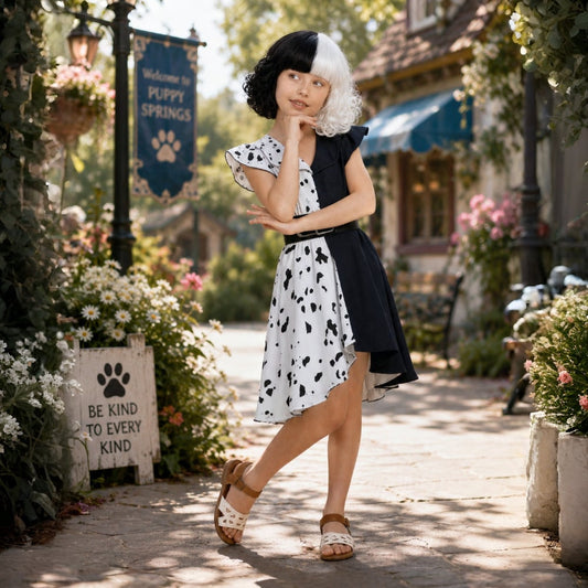 Kids' Halloween Cruella De Vil Costume with Dalmatian Cape and Wig for Children