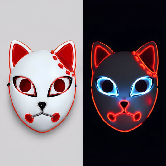 Men's Halloween LED Fox Kitsune Mask with Light-Up Japanese Demon Design for Cosplay Party Costume