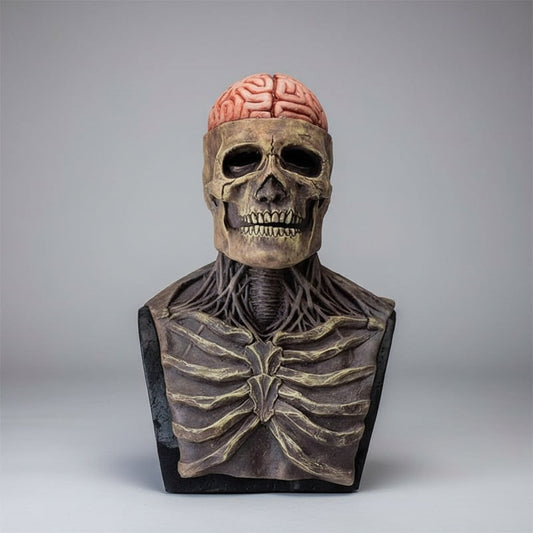 Men's Halloween Skull Skeleton Mask with Exposed Brain and Ribcage Latex Full Head Creepy Costume