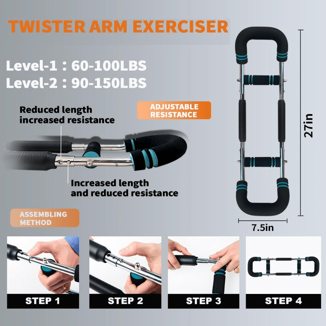 TwisterFlex Adjustable Power Twister – Strengthen Forearms, Triceps & Chest – Durable, Portable Strength Training Bar – Adjustable Resistance