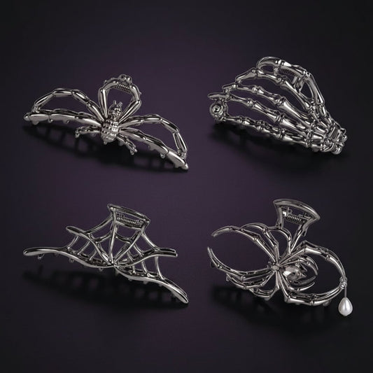 Women's Halloween Hair Claw Clips with Skeleton Hand Bat Wing and Spiderweb Metal Decorative Design